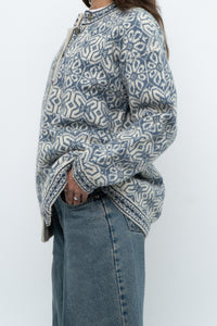 Vintage x Made in Hong Kong x Blue, Cream Patterned Wool Knit Cardigan (XS-M)