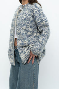 Vintage x Made in Hong Kong x Blue, Cream Patterned Wool Knit Cardigan (XS-M)