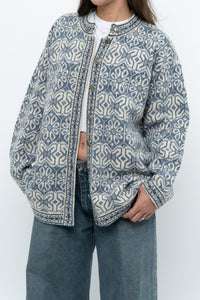 Vintage x Made in Hong Kong x Blue, Cream Patterned Wool Knit Cardigan (XS-M)