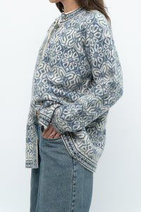 Vintage x Made in Hong Kong x Blue, Cream Patterned Wool Knit Cardigan (XS-M)