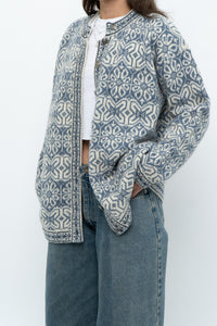 Vintage x Made in Hong Kong x Blue, Cream Patterned Wool Knit Cardigan (XS-M)