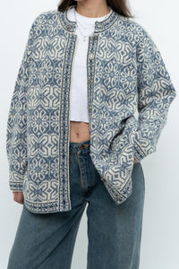 Vintage x Made in Hong Kong x Blue, Cream Patterned Wool Knit Cardigan (XS-M)