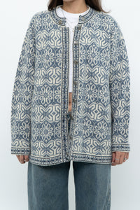 Vintage x Made in Hong Kong x Blue, Cream Patterned Wool Knit Cardigan (XS-M)