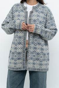 Vintage x Made in Hong Kong x Blue, Cream Patterned Wool Knit Cardigan (XS-M)