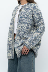 Vintage x Made in Hong Kong x Blue, Cream Patterned Wool Knit Cardigan (XS-M)