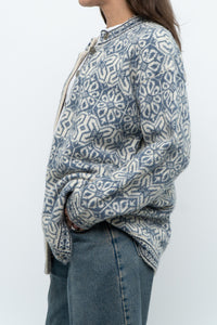 Vintage x Made in Hong Kong x Blue, Cream Patterned Wool Knit Cardigan (XS-M)