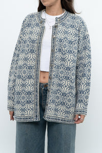 Vintage x Made in Hong Kong x Blue, Cream Patterned Wool Knit Cardigan (XS-M)