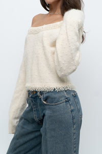 Vintage x Made in Hong Kong x Cream Pearl Beaded Off-Shoulder Sweater (S, M)