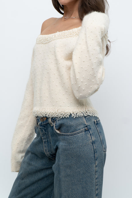 Vintage x Made in Hong Kong x Cream Pearl Beaded Off-Shoulder Sweater (S, M)