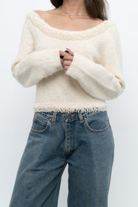 Vintage x Made in Hong Kong x Cream Pearl Beaded Off-Shoulder Sweater (S, M)