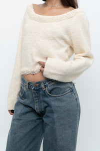 Vintage x Made in Hong Kong x Cream Pearl Beaded Off-Shoulder Sweater (S, M)