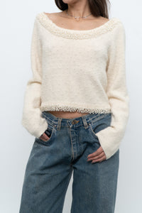Vintage x Made in Hong Kong x Cream Pearl Beaded Off-Shoulder Sweater (S, M)