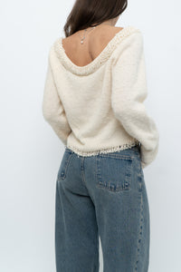 Vintage x Made in Hong Kong x Cream Pearl Beaded Off-Shoulder Sweater (S, M)
