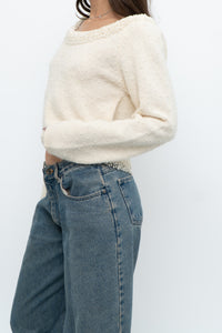 Vintage x Made in Hong Kong x Cream Pearl Beaded Off-Shoulder Sweater (S, M)