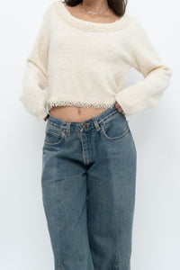 Vintage x Made in Hong Kong x Cream Pearl Beaded Off-Shoulder Sweater (S, M)