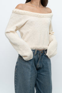 Vintage x Made in Hong Kong x Cream Pearl Beaded Off-Shoulder Sweater (S, M)