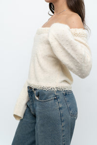 Vintage x Made in Hong Kong x Cream Pearl Beaded Off-Shoulder Sweater (S, M)