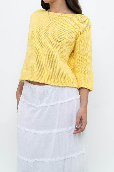 Vintage x Made in USA x Bright Yellow Cotton Short Sleeve Cropped Sweater (XS-M)