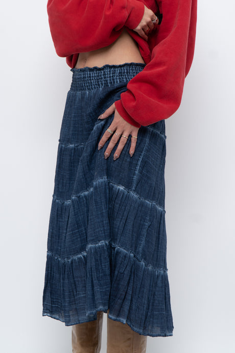 Vintage x Made in India x Dark Blue Bohemian Cotton Midi Skirt (L, XL)
