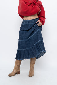 Vintage x Made in India x Dark Blue Bohemian Cotton Midi Skirt (L, XL)