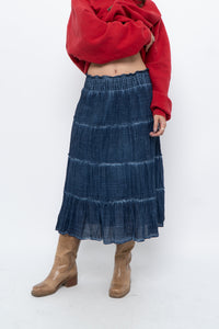 Vintage x Made in India x Dark Blue Bohemian Cotton Midi Skirt (L, XL)