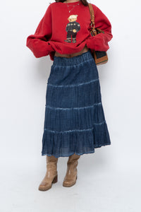 Vintage x Made in India x Dark Blue Bohemian Cotton Midi Skirt (L, XL)