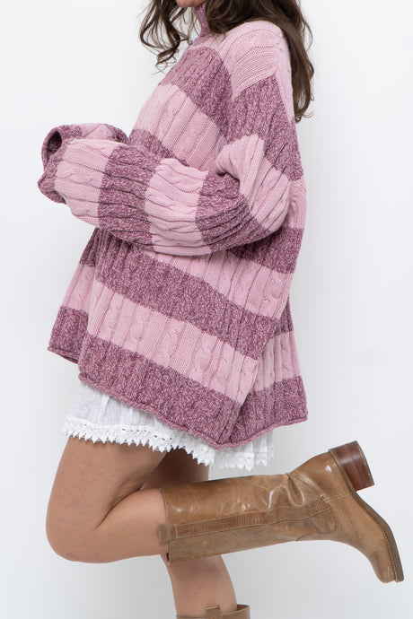 Vintage x Pink Two-tone Cotton Ribbed Knit Turtleneck (XS-XL)