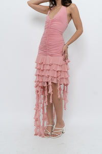 Vintage x BCBG Blush Pink Silk Frilly Midi Dress (M, L)