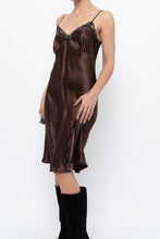 Load image into Gallery viewer, Vintage x Brown Satin &amp; Black Lace Midi Dress (S, M)