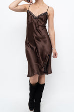 Load image into Gallery viewer, Vintage x Brown Satin &amp; Black Lace Midi Dress (S, M)