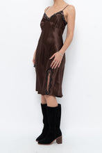 Load image into Gallery viewer, Vintage x Brown Satin &amp; Black Lace Midi Dress (S, M)