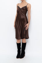 Load image into Gallery viewer, Vintage x Brown Satin &amp; Black Lace Midi Dress (S, M)
