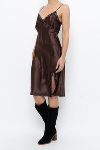 Vintage x Brown Satin & Black Lace Midi Dress (S, M)