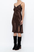 Load image into Gallery viewer, Vintage x Brown Satin &amp; Black Lace Midi Dress (S, M)