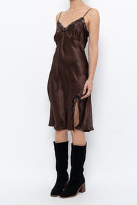 Vintage x Brown Satin & Black Lace Midi Dress (S, M)