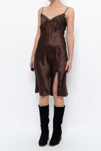Load image into Gallery viewer, Vintage x Brown Satin &amp; Black Lace Midi Dress (S, M)