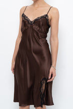 Load image into Gallery viewer, Vintage x Brown Satin &amp; Black Lace Midi Dress (S, M)