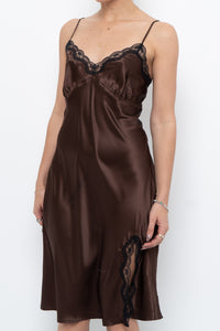 Vintage x Brown Satin & Black Lace Midi Dress (S, M)