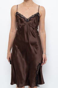 Vintage x Brown Satin & Black Lace Midi Dress (S, M)