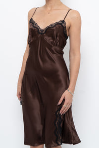 Vintage x Brown Satin & Black Lace Midi Dress (S, M)