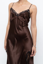 Load image into Gallery viewer, Vintage x Brown Satin &amp; Black Lace Midi Dress (S, M)