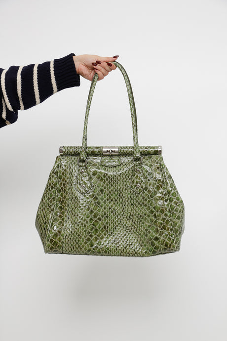 Vintage x Shiny Green Croc Faux Leather Oversized Purse