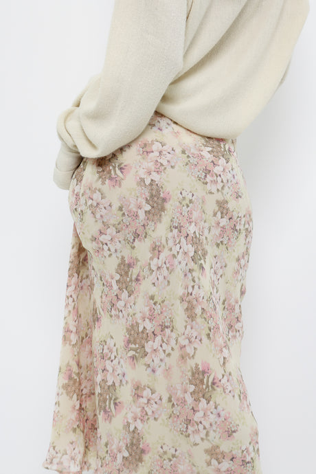 Vintage x Light Yellow, Green Floral Midi Skirt (XS, S)