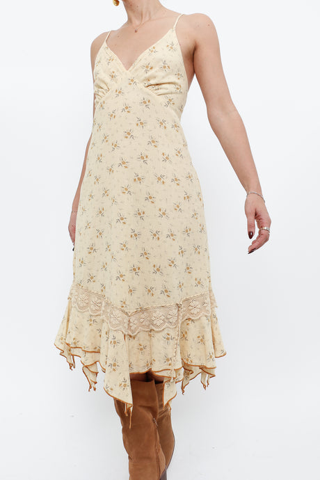 Vintage x Made in Thailand x Light Yellow Floral Midi Dress (S, M)