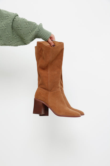 Modern x Camel Suede Heeled Slouch Boot (8.5, 9)