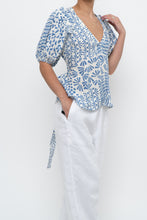 Load image into Gallery viewer, ALEXIS x Blue Patterned Linen Tie Top (XS-M)