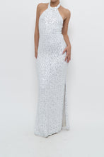 Load image into Gallery viewer, AQUA FORMAL x White, Silver Sequin Halter Maxi Dress (S)