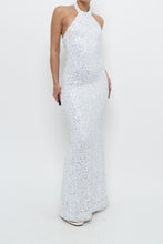 Load image into Gallery viewer, AQUA FORMAL x White, Silver Sequin Halter Maxi Dress (S)
