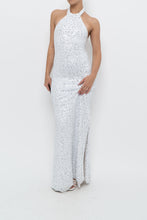 Load image into Gallery viewer, AQUA FORMAL x White, Silver Sequin Halter Maxi Dress (S)