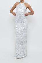 Load image into Gallery viewer, AQUA FORMAL x White, Silver Sequin Halter Maxi Dress (S)